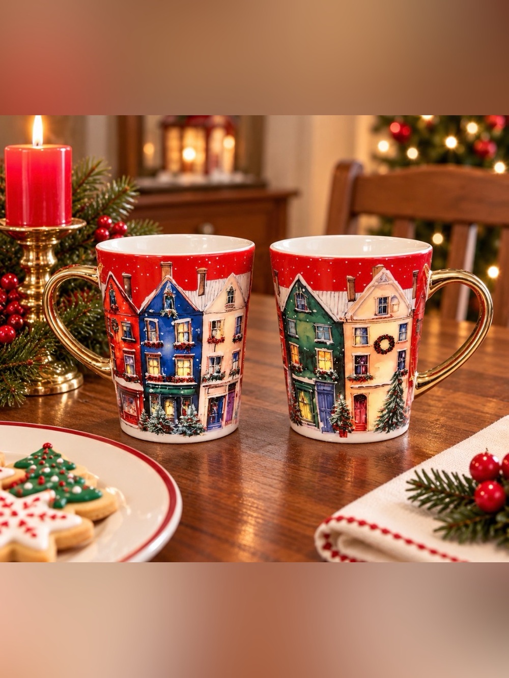 Creative Crate “Christmas in the City” Gold Handle Mugs. Set of 2.